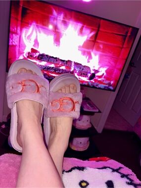 UGG Pink Fuzz Slide Sandals with Coral Logo